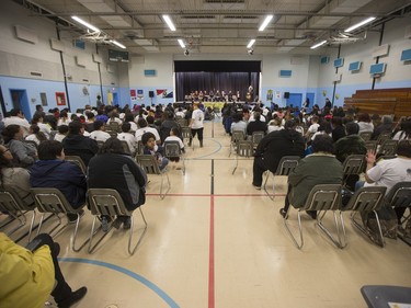 Crowds gather for the first ever First Nations Provincial Spelling Bee at the Don Ross Centre in North Battleford, April 8, 2016.