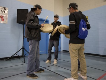 Drummers play the honour song during the introduction of the first ever First Nations Provincial Spelling Bee at the Don Ross Centre in North Battleford, April 8, 2016.