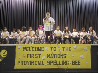 Shayla Moosomin competes in the first ever First Nations Provincial Spelling Bee at the Don Ross Centre in North Battleford, April 8, 2016.