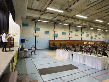 A student competes in the first ever First Nations Provincial Spelling Bee at the Don Ross Centre in North Battleford, April 8, 2016.