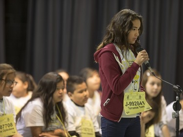 Terramie Tom competes in the first ever First Nations Provincial Spelling Bee at the Don Ross Centre in North Battleford, April 8, 2016.