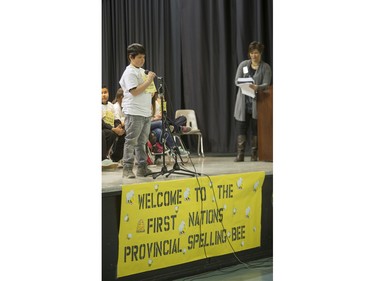 A student competes in the first ever First Nations Provincial Spelling Bee at the Don Ross Centre in North Battleford, April 8, 2016.