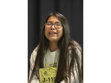 Makayla Cannepotato reacts after winning the Junior competition in the first ever First Nations Provincial Spelling Bee at the Don Ross Centre in North Battleford, April 8, 2016.