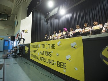 Students enter the stage as they are introduced for the first ever First Nations Provincial Spelling Bee at the Don Ross Centre in North Battleford, April 8, 2016.