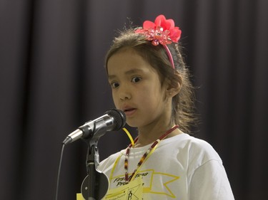 Mercedez Littlechief competes in the Primary competition of the first ever First Nations Provincial Spelling Bee at the Don Ross Centre in North Battleford, April 8, 2016.
