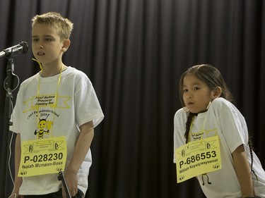 Isaiah McMann-Ross (L) and William Kaysaywaysemat compete in the finals of the Primary competition of the first ever First Nations Provincial Spelling Bee at the Don Ross Centre in North Battleford, April 8, 2016. Kaysaywaysemat moves on to take first place and win.