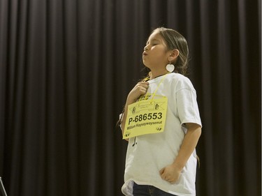 William Kaysaywaysemat reacts after taking first place in the Primary competition of the first ever First Nations Provincial Spelling Bee at the Don Ross Centre in North Battleford, April 8, 2016.