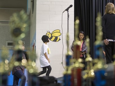 Students enter the stage as they are introduced for the first ever First Nations Provincial Spelling Bee at the Don Ross Centre in North Battleford, April 8, 2016.