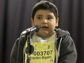 Brayden Bigsky competes in the Primary competition of the first ever First Nations Provincial Spelling Bee at the Don Ross Centre in North Battleford, April 8, 2016. Bigsky moves on to take third place.