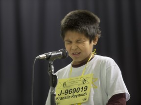 Franklin Reynolds competes in the first ever First Nations Provincial Spelling Bee at the Don Ross Centre in North Battleford, April 8, 2016.