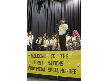 Deshawn Yellowbird competes in the first ever First Nations Provincial Spelling Bee at the Don Ross Centre in North Battleford, April 8, 2016.