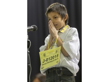 Gerald Whitequill-Wolfe competes in the first ever First Nations Provincial Spelling Bee at the Don Ross Centre in North Battleford, April 8, 2016.