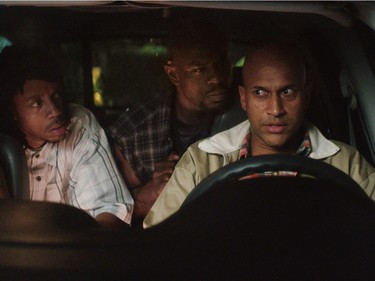 L-R: Darrell Britt-Gibson as Trunk, Jamar Malachi Neighbors as Stitches and Keegan-Michael Key as Clarence Goobril in "Keanu."