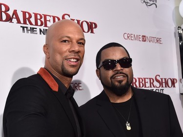 Actors Common and Ice Cube attend the premiere of New Line Cinema's "Barbershop: The Next Cut" at the TCL Chinese Theatre IMAX on April 6, 2016 in Hollywood, California.