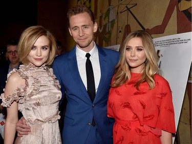 L-R: Actors Maddie Hasson, Tom Hiddleston and Elizabeth Olsen attend the premiere of Sony Pictures Classics' "I Saw The Light" at the Egyptian Theatre on March 22, 2016 in Hollywood, California.