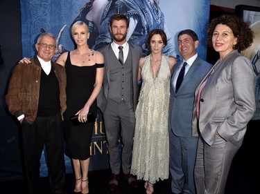 L-R: Vice Chairman of NBCUniversal Ron Meyer, actors Charlize Theron, Chris Hemsworth, Emily Blunt, producer Joe Roth and Chairman of Universal Pictures Donna Langley attend the premiere of  Universal Pictures' "The Huntsman: Winter's War" at the Regency Village Theatre on April 11, 2016 in Westwood, California.