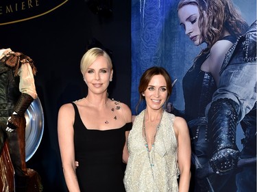 Actors Charlize Theron (L) and Emily Blunt attend the premiere of  Universal Pictures' "The Huntsman: Winter's War" at the Regency Village Theatre on April 11, 2016 in Westwood, California.