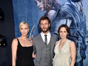 L-R:  Actors Charlize Theron, Chris Hemsworth and Emily Blunt attend the premiere of  Universal Pictures' "The Huntsman: Winter's War" at the Regency Village Theatre on April 11, 2016 in Westwood, California.