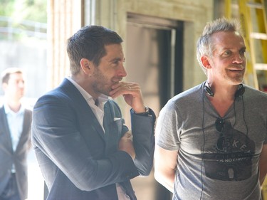 Quebec director Jean-Marc Vallée (R) and actor Jake Gyllenhaal on the set of "Demolition."