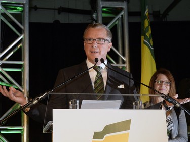 Premier Brad Wall speaks to supporters at the Palliser Pavilion in his home riding of Swift Current after his third election win in Saskatchewan, April 4, 2016.