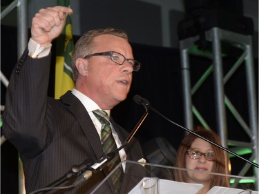 Premier Brad Wall speaks to supporters at the Palliser Pavilion in his home riding of Swift Current after his third election win in Saskatchewan, April 4, 2016.