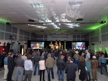 Saskatchewan Party supporters cheer as results come in at the Palliser Pavilion in Brad Wall's home riding of Swift Current after his third election win in Saskatchewan, April 4, 2016.