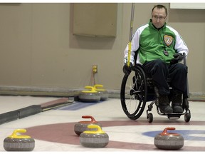 REGINA,Sk: MARCH 28, 2016 - Wheelchair curler Darwin Bender during practice BRYAN SCHLOSSER