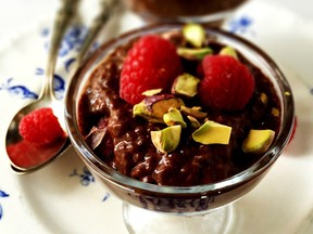 Chocolate Chia Pudding with Raspberries and Pistachios.