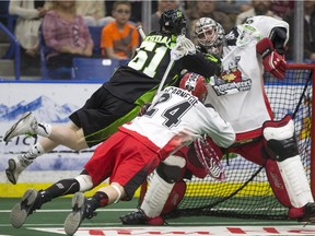 Saskatchewan Rush forward Marty Hinsdale dives to take a shot on the Calgary Roughnecks in NLL action on Saturday.