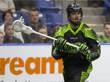 Saskatchewan Rush transition Jeremy Thompson moves the ball against the Calgary Roughnecks in NLL action on Saturday, April 2nd, 2016.  The Rush are in New England tonight to take on the Black Wolves.