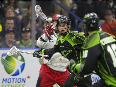 Saskatchewan Rush transition Adrian Sorichetti battles for the lose ball against the Calgary Roughnecks in NLL action on Saturday, April 2nd, 2016.