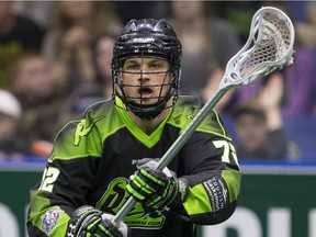 Saskatchewan Rush transition player Adrian Sorichetti moves the ball against the Calgary Roughnecks in NLL action on Saturday, April 2nd, 2016. (Liam Richards/Saskatoon StarPhoenix)