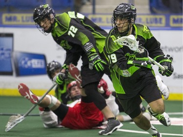 Saskatchewan Rush defender Nik Bilic moves the ball against the Calgary Roughnecks in NLL action Saturday.