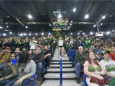 The Saskatchewan Rush fans celebrate a goal against the Calgary Roughnecks in NLL action on Saturday, April 2nd, 2016.