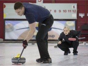 Jocelyn Peterman and Brett Gallant curl during the finals of the Canadian mixed doubles curling championship at the Nutana Curling Club on April 3, 2016.