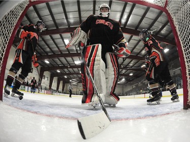 A shot from the Winnipeg Wild gets past Saskatoon Contacts goalie Isaac LaBelle in the first period during the Telus Cup West regional tournament final at Rod Hamm Memorial Arena on April 3, 2016.