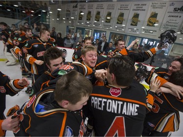The Saskatoon Contacts celebrate their win over the Winnipeg Wild at the Telus Cup West regional tournament final at Rod Hamm Memorial Arena on Sunday, April 3rd, 2016.