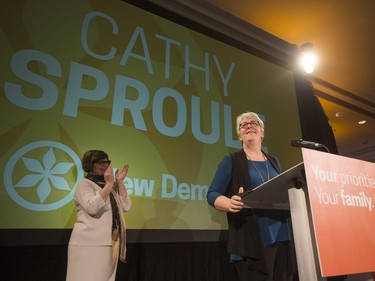 Cathy Sproule, NDP representative for Saskatoon Nutana, speaks with supporters at the Saskatchewan NDP election headquarters for Saskatoon at the Bessborough Hotel, April 4, 2016.