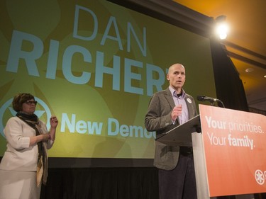 Dan Richert, NDP representative for Biggar-Sask Valley, speaks with supporters at the Saskatchewan NDP election headquarters for Saskatoon at the Bessborough Hotel, April 4, 2016.