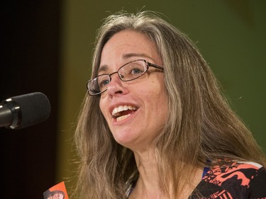 Danica Lorer, NDP representative for Cut Knife-Turtleford, speaks with supporters at the Saskatchewan NDP election headquarters for Saskatoon at the Bessborough Hotel, April 4, 2016.