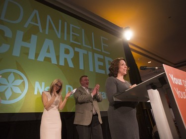 Danielle Chartier, NDP representative for Saskatoon Riversdale, speaks with supporters at the Saskatchewan NDP election headquarters for Saskatoon at the Bessborough Hotel, April 4, 2016.