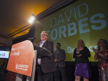 David Forbes, NDP representative for Saskatoon Centre, speaks with supporters at the Saskatchewan NDP election headquarters for Saskatoon at the Bessborough Hotel, April 4, 2016.