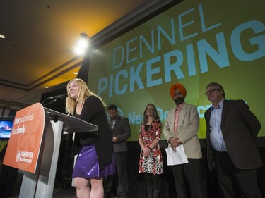 Dennel Pickering, NDP representative for Saskatoon Northwest, speaks with supporters at the Saskatchewan NDP election headquarters for Saskatoon at the Bessborough Hotel, April 4, 2016.