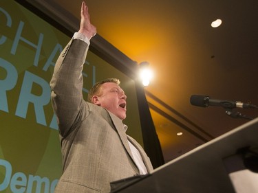 Michael Karras, NDP representative for Saskatoon Southeast, speaks with supporters at the Saskatchewan NDP election headquarters for Saskatoon at the Bessborough Hotel, April 4, 2016.