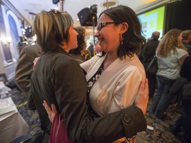 Nicole White, NDP representative for Saskatoon Meewasin, speaks with supporters at the Saskatchewan NDP election headquarters for Saskatoon at the Bessborough Hotel, April 4, 2016.