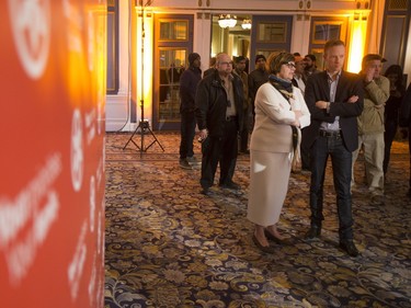 Saskatoon West NDP candidate Sheri Benson speaks with supporters at the Saskatchewan NDP election headquarters for Saskatoon at the Bessborough Hotel, April 4, 2016.