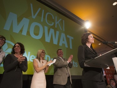 Vicki Mowat, NDP representative for Saskatoon-Fairview, speaks with supporters at the Saskatchewan NDP election headquarters for Saskatoon at the Bessborough Hotel, April 4, 2016.