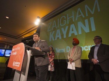 Zaigham Kayani, NDP representative for Saskatoon Silverspring-Sutherland, speaks with supporters at the Saskatchewan NDP election headquarters for Saskatoon at the Bessborough Hotel, April 4, 2016.