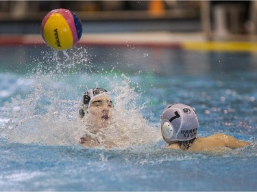 Team Saskatchewan player Bruno Marunica attempts to stop a pass against Team Saanich during the 16U National League Men's and Women's Western Conference  water polo championships at the Shaw Centre on Sunday, April 10th, 2016.