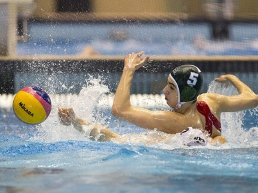 Team Saskatchewan player Bruno Marunica battles for the ball against Team Saanich during the 16U National League Men's and Women's Western Conference water polo championships at Shaw Centre on April 10, 2016. (Liam Richards/Saskatoon StarPhoenix)